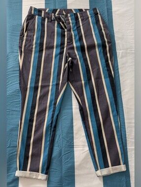Men's Striped Casual Pants in Navy, Blue & Cream